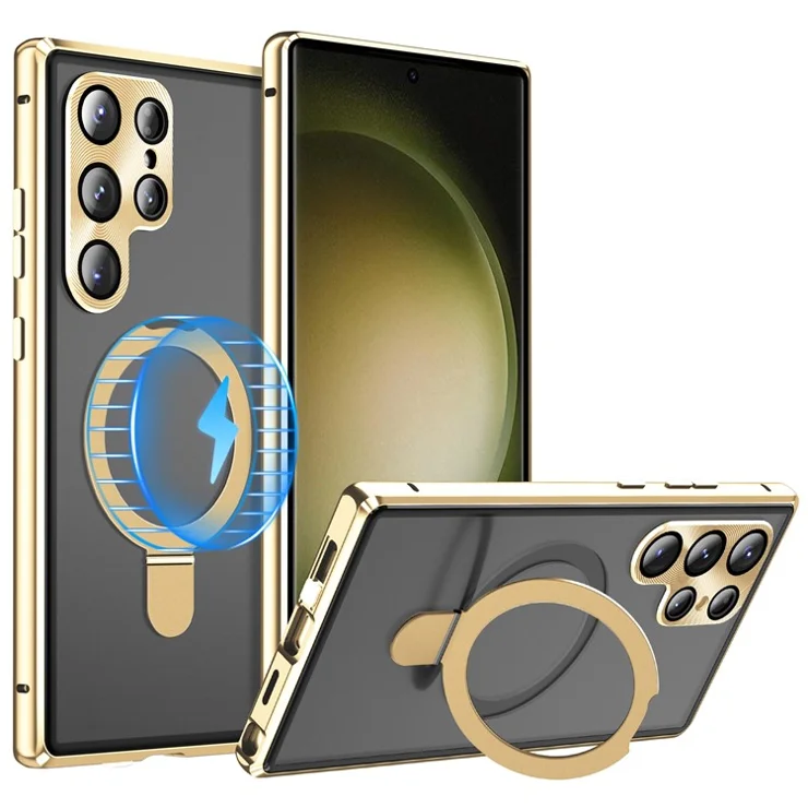 For Samsung Galaxy S23 Ultra Magnetic Phone Case Kickstand Frosted PC Shell with HD Tempered Glass Film - Gold