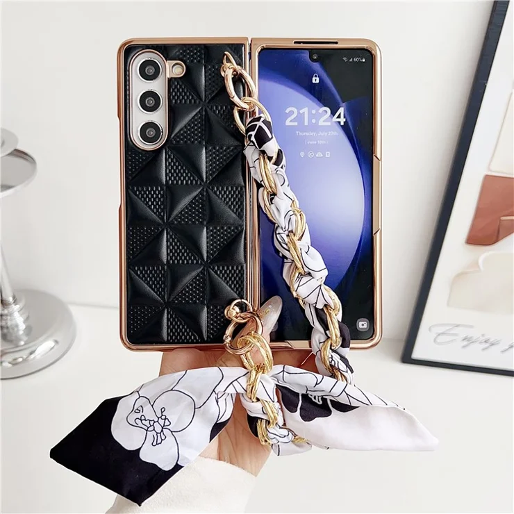 For Samsung Galaxy Z Fold5 5G Case Leather+PC Electroplating Phone Cover with Ribbon Chain Strap - Black