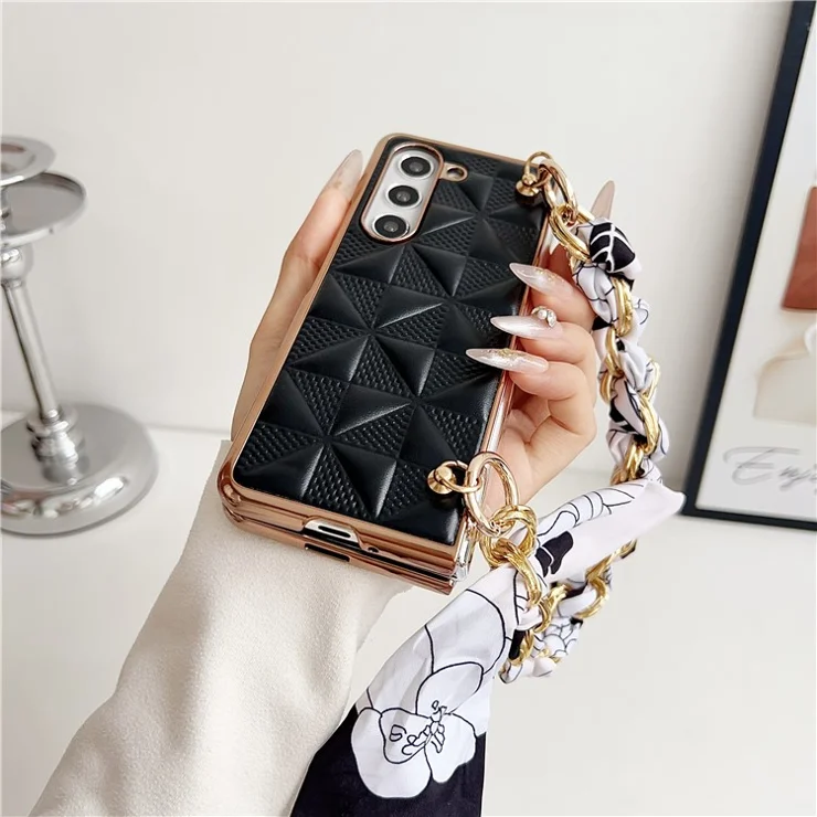 For Samsung Galaxy Z Fold5 5G Case Leather+PC Electroplating Phone Cover with Ribbon Chain Strap - Light Green