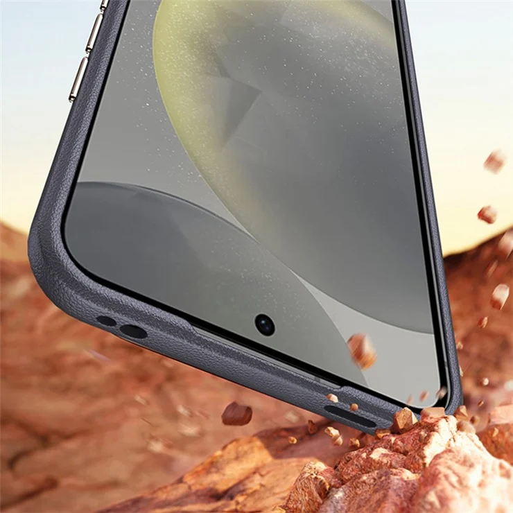 For Samsung Galaxy S24 Phone Case Shockproof PU Leather+TPU Back Cover with Metal Lens Frame - Grey