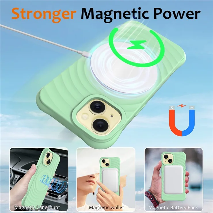 For iPhone 14 Plus Magnetic Phone Case Water Ripple Texture Liquid Silicone Shell with Hand Strap - Green