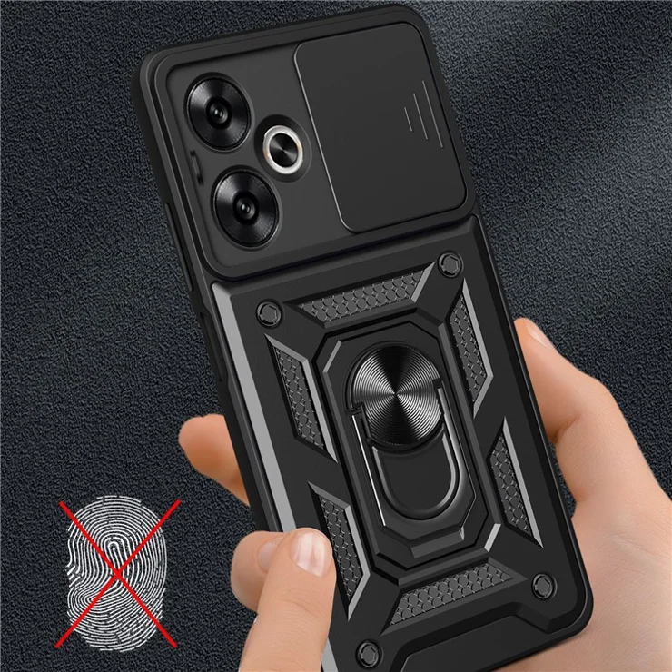 For Xiaomi Redmi 13C 5G / 13R 5G / Poco M6 5G Case with Slide Camera Cover Kickstand PC+TPU Phone Back Shell - Blue