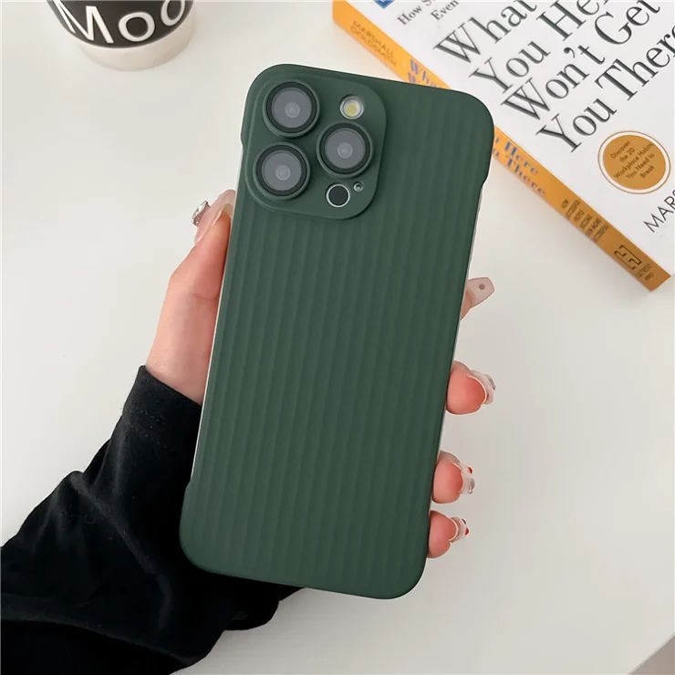 For iPhone 14 Pro Case Corrugated Design Frameless Rubberized PC Phone Cover with Lens Film - Dark Green
