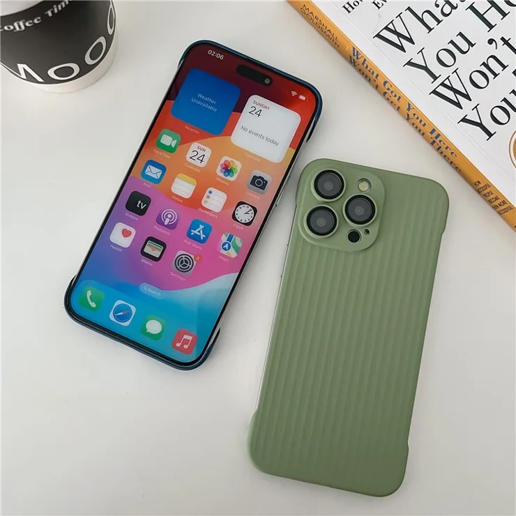 For iPhone 15 Pro Max Shockproof Case Corrugated Design Frameless PC Phone Cover with Lens Film - Dark Green