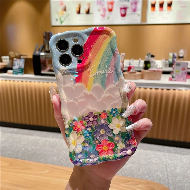 For iPhone 14 Pro Case Oil Painting Rainbow Flower Anti-drop Silicone Phone Cover - Rainbow+Flower