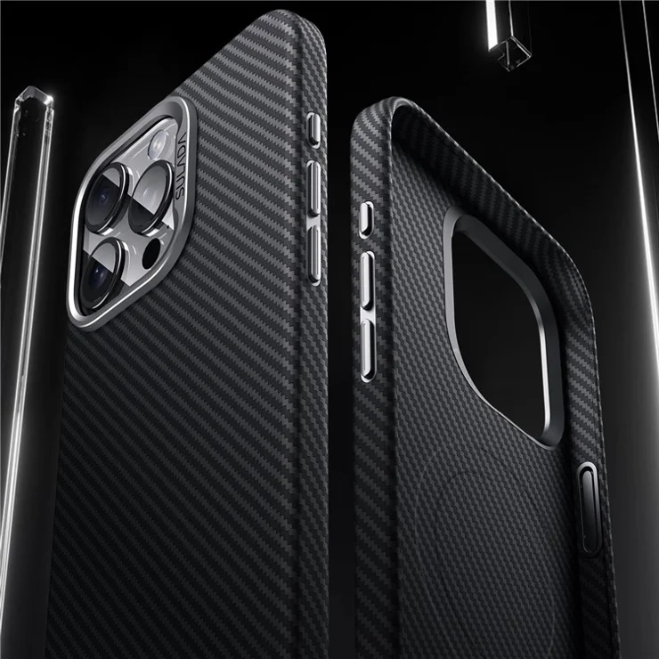 SULADA For iPhone 14 Pro Max Magnetic Case Carbon Fiber Texture PU+TPU Protective Phone Cover - Brown