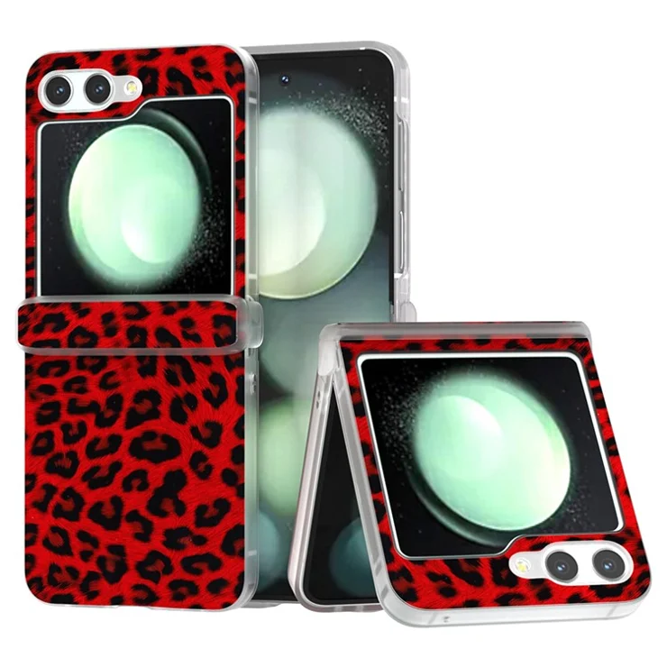 For Samsung Galaxy Z Flip5 5G Back Case Leopard Print Texture Leather+PC Clear Matte Edge Cover - Red