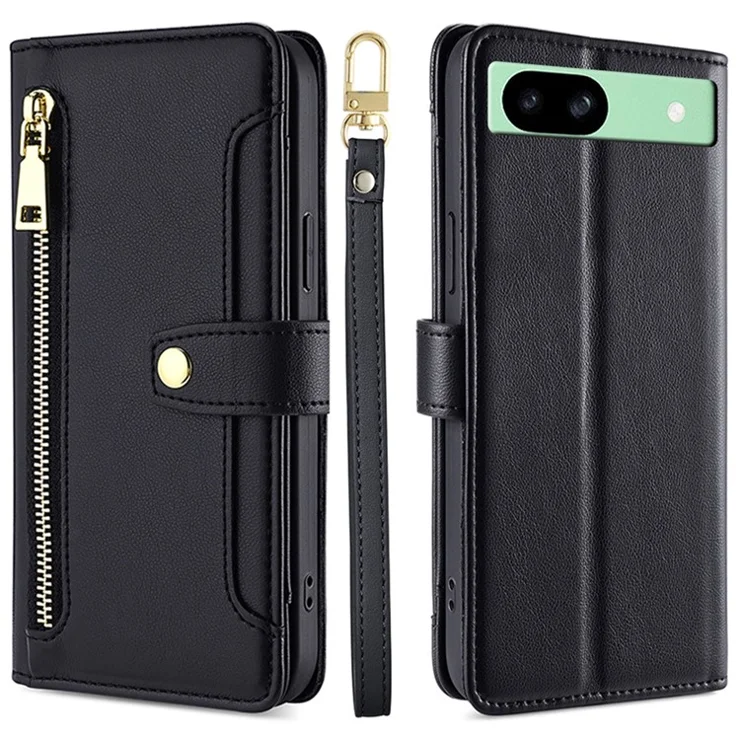 For Google Pixel 8a Phone Case PU Leather Protective Cover with Zipper Wallet - Black
