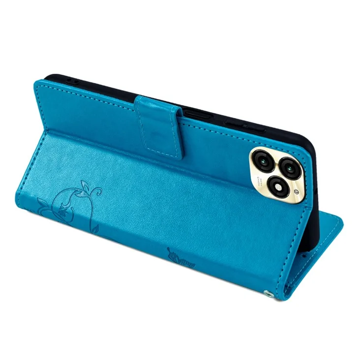 For itel A70 Phone Case Butterfly Flower Imprint PU Leather Wallet Cover - Blue