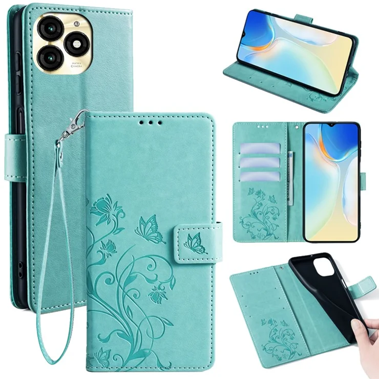 For itel A70 Phone Case Butterfly Flower Imprint PU Leather Wallet Cover - Green