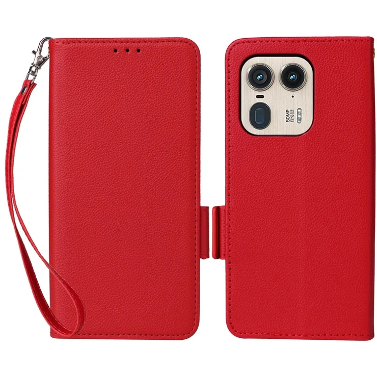 For Motorola Edge 50 Ultra 5G / Moto X50 Ultra 5G Case with Wrist Strap Litchi Texture PU Leather Wallet Phone Cover - Red