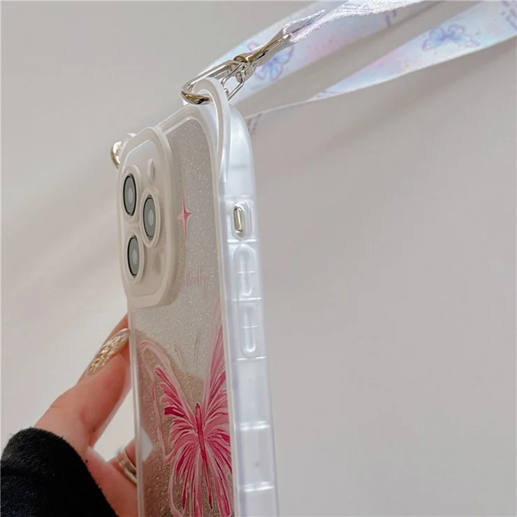 For iPhone 15 Pro Max Case Butterfly Pattern Glitter TPU Phone Case with Crossbody Lanyard - Pink