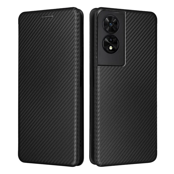 For TCL 505 Phone Case Carbon Fiber Texture Leather Magnetic Closing Shell - Black