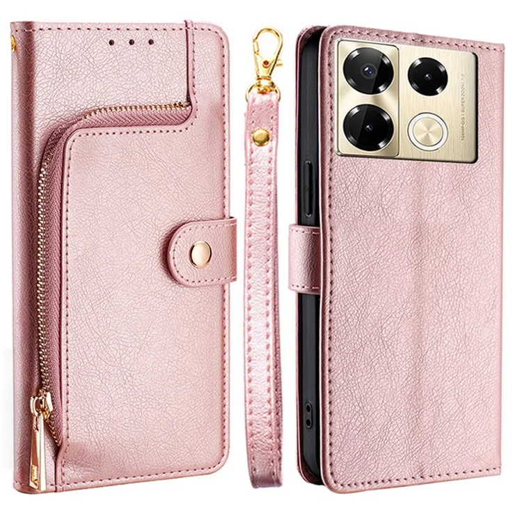 Phone Case for Infinix Note 40 Pro 4G Zipper Pocket Stand PU Leather Cover with Strap - Rose Gold
