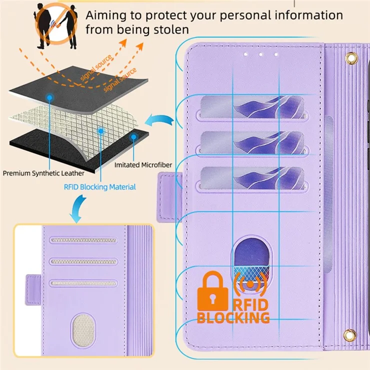 For vivo Y03 Wallet Case PU Leather Card Slots Flip Phone Cover with Crossbody Strap - Purple