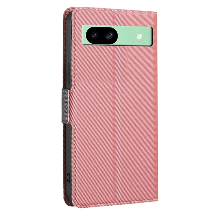 For Google Pixel 8a Fall Proof Case Card Holder Twill Texture Leather Cell Phone Cover - Pink
