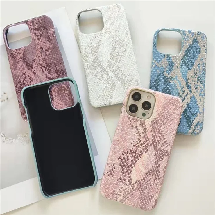 Wholesale Phone Case for iPhone 13 Pro Max PU Leather+PC Phone Cover with Lacquered Snake Texture - Pink