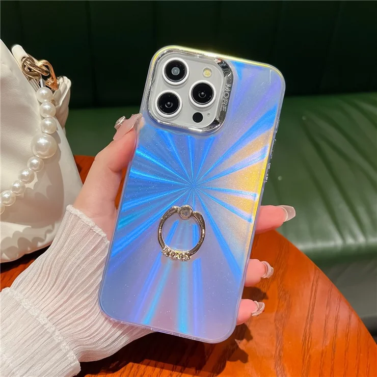 For iPhone 14 Pro Cover IMD Electroplating Ring Kickstand PC+TPU Laser Phone Case - AR2