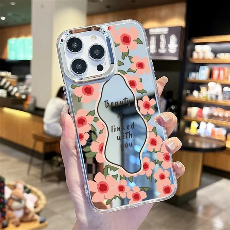 For iPhone 14 Pro Case Flower Pattern Mirror Surface Acrylic+TPU Anti-Scratch Phone Cover - Red Flower