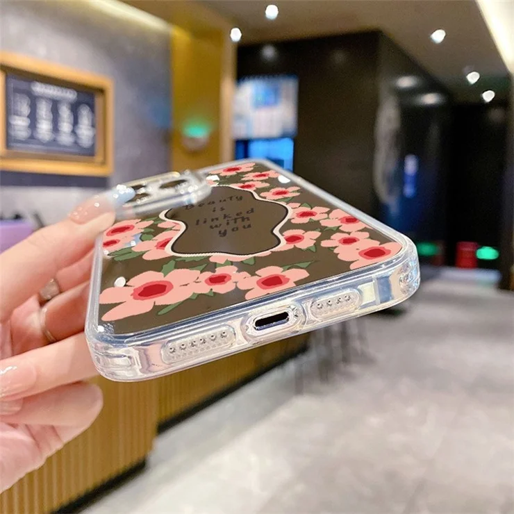 For iPhone 14 Pro Case Flower Pattern Mirror Surface Acrylic+TPU Anti-Scratch Phone Cover - Red Flower