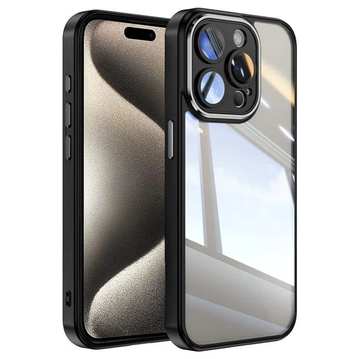 For iPhone 15 Pro Case Acrylic+TPU Phone Shell Metal Lens Frame Cell Phone Cover - Black