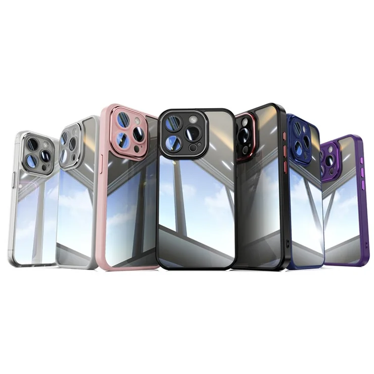 For iPhone 15 Pro Max Cell Phone Cases Camera Protection Metal Buttons TPU + Acrylic Cover - Grey
