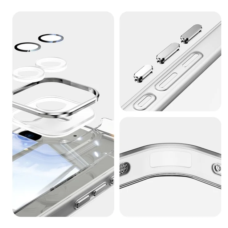 For iPhone 12 Case Camera Protection Metal Buttons TPU + Acrylic Anti-Scratch Phone Cover - Transparent White