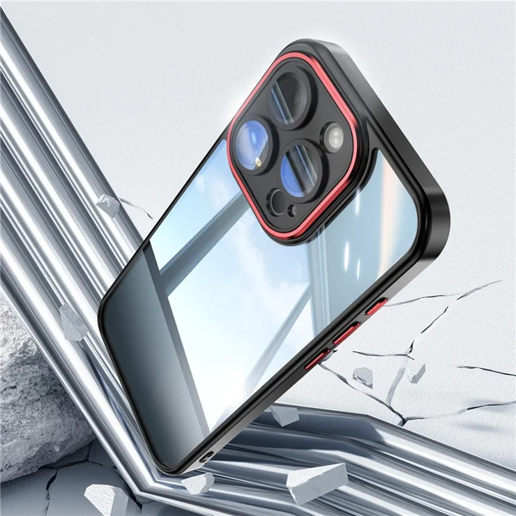 For iPhone 12 Pro Max Camera Protection Metal Buttons TPU + Acrylic Drop Proof Phone Cover - Black / Red