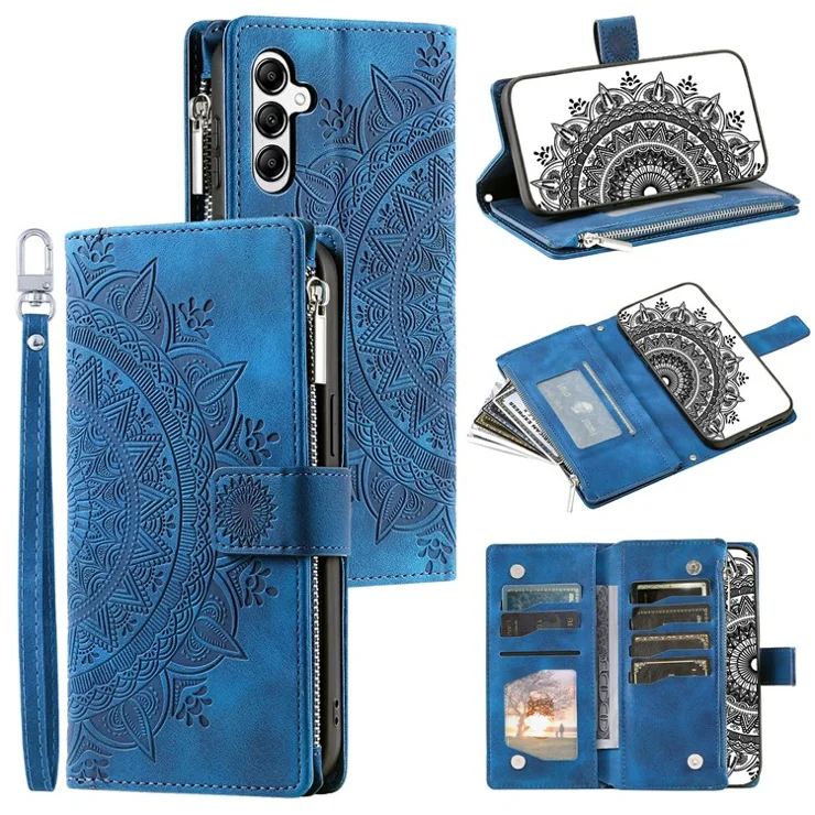 For Samsung Galaxy M55 5G / C55 5G / F55 5G Wallet Case Zipper Pocket Flip Leather Mandala Totem Phone Cover - Blue