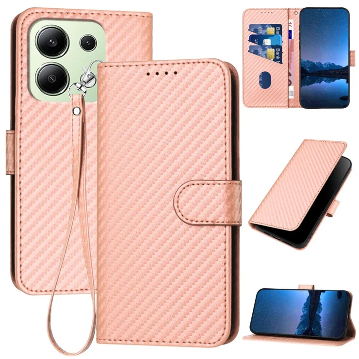 YX0070 For Xiaomi Redmi Note 13 4G PU Leather Phone Case Carbon Fiber Texture Stand Phone Cover - Pink