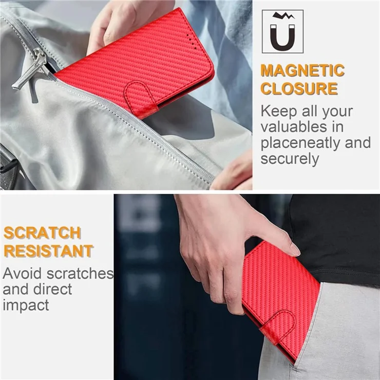 YX0070 For Xiaomi Redmi Note 13 Pro+ 5G Case Carbon Fiber Texture Well-protected Leather Phone Cover - Red