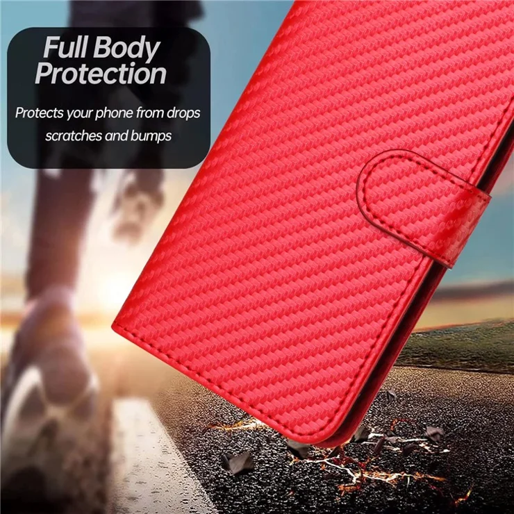 YX0070 For Xiaomi Redmi Note 13 Pro 5G / Poco X6 5G Case Carbon Fiber Texture Leather Wallet Stand Phone Cover - Red
