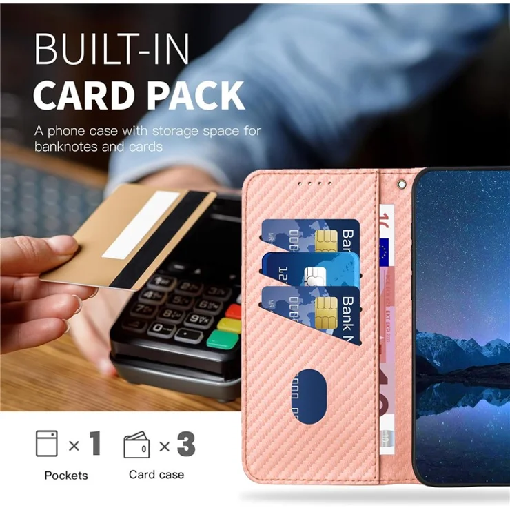 YX0070 For Google Pixel 9 Pro XL Case Carbon Fiber Texture Folio Flip Leather Phone Cover - Pink