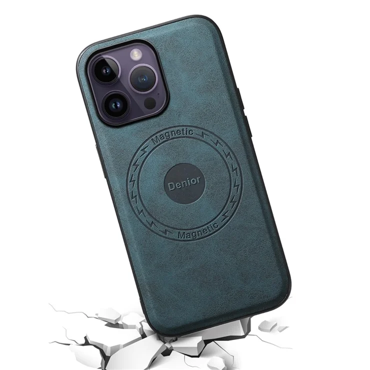 DENIOR A11 For iPhone 14 Pro Magnetic Phone Case Retro PU+PC+TPU Shockproof Cover - Blue
