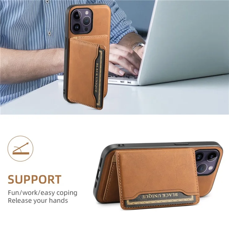 DENIOR D13 For iPhone 14 Pro Max Case Magnetic Retro Leather+TPU+PC Phone Cover with Detachable Card Bag - Brown