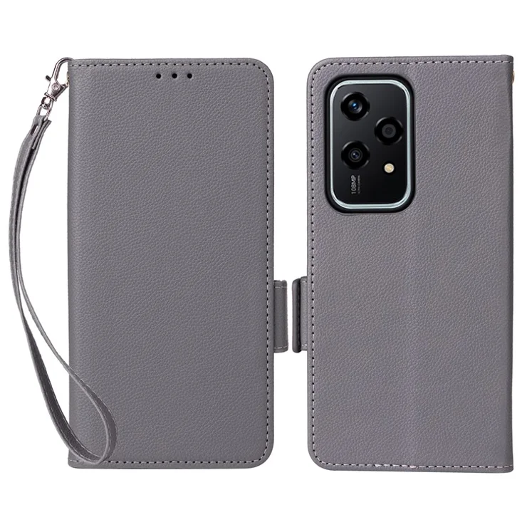 For Honor 200 Lite Case with Wrist Strap Litchi Texture PU Leather Wallet Phone Cover - Grey