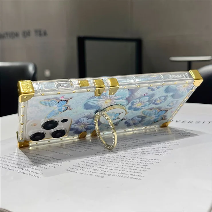 For iPhone 14 Pro Max Case Ring Kickstand Flower Butterfly Pattern TPU+PC Phone Cover - Blue