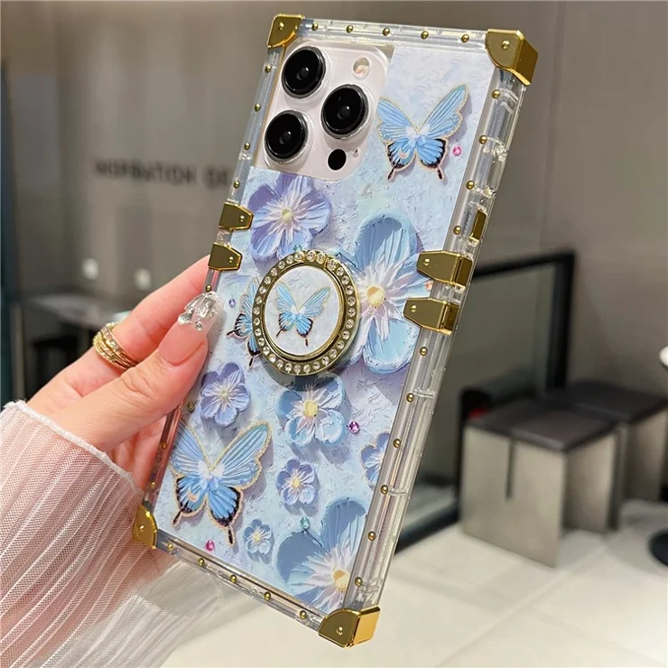 For iPhone 14 Pro Max Case Ring Kickstand Flower Butterfly Pattern TPU+PC Phone Cover - Blue