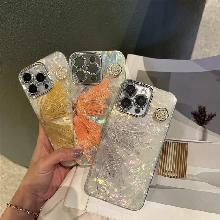 For iPhone 14 Pro Max Case Butterfly IMD Shell Texture TPU+Acrylic Phone Cover with Glass Lens Film - Orange Butterfly