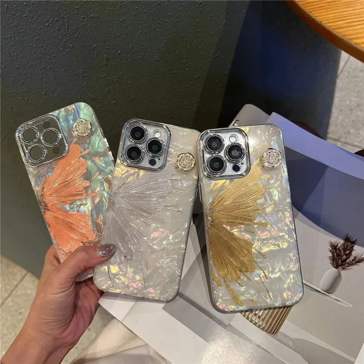 For iPhone 14 Pro Max Case Butterfly IMD Shell Texture TPU+Acrylic Phone Cover with Glass Lens Film - Orange Butterfly