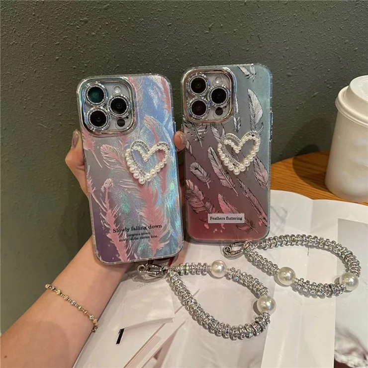 For iPhone 14 Pro Max Cases Heart Shape Pearl Acrylic+TPU+Tempered Glass Lens Film Phone Cover - Pink Feather
