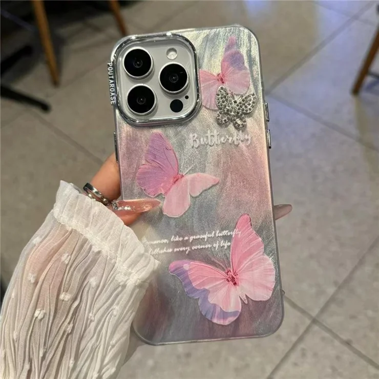 For iPhone 15 Pro Case Stylish Butterfly Pattern TPU+PC Phone Back Cover - Pink
