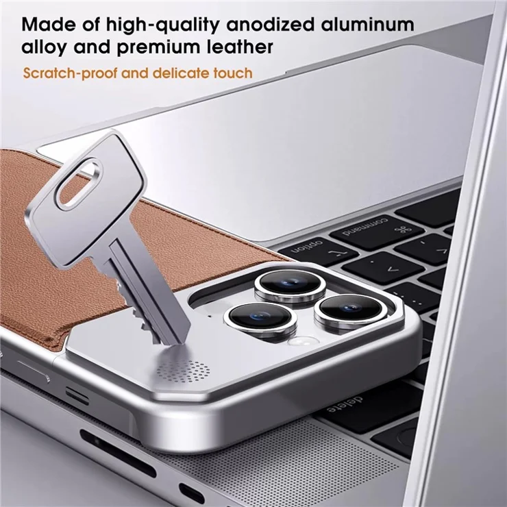 For iPhone 15 Pro Case Aromatherapy Holes Metal+Rubber+PU Phone Cover Compatible with MagSafe - Brown