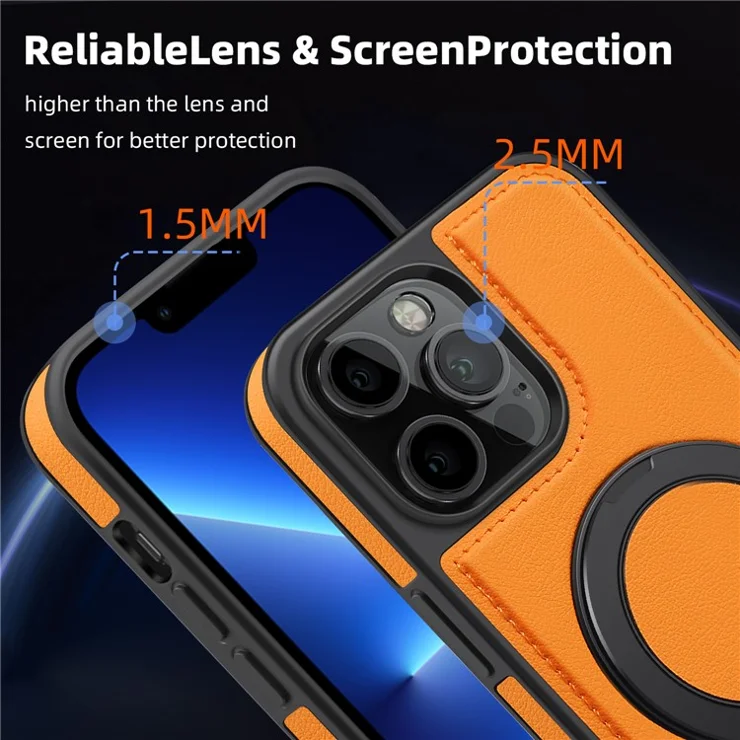 For iPhone 13 Pro Max Case Compatible with MagSafe Leather+PC+TPU Kickstand Phone Cover - Orange