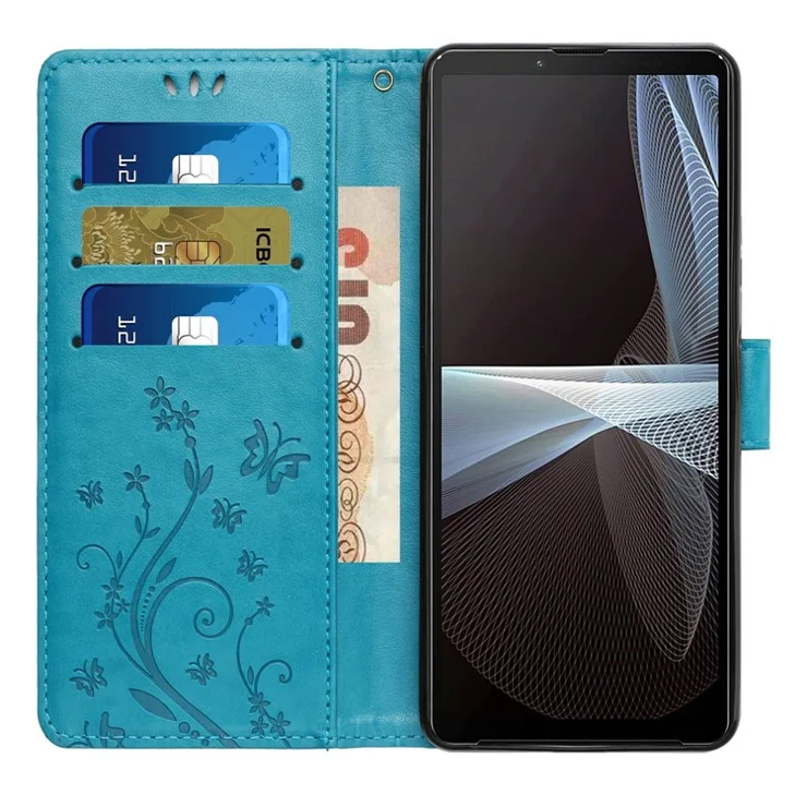 For Sony Xperia 1 VI Wallet Case Butterfly Imprinted Phone Leather Cover - Blue