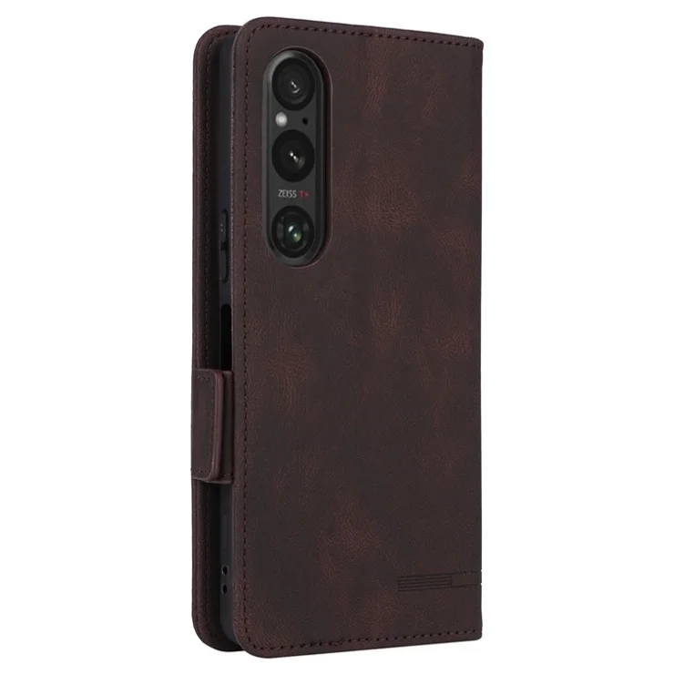 For Sony Xperia 1 VI Case PU Leather Hardware Decor Card Holder Stand Folio Phone Cover - Coffee