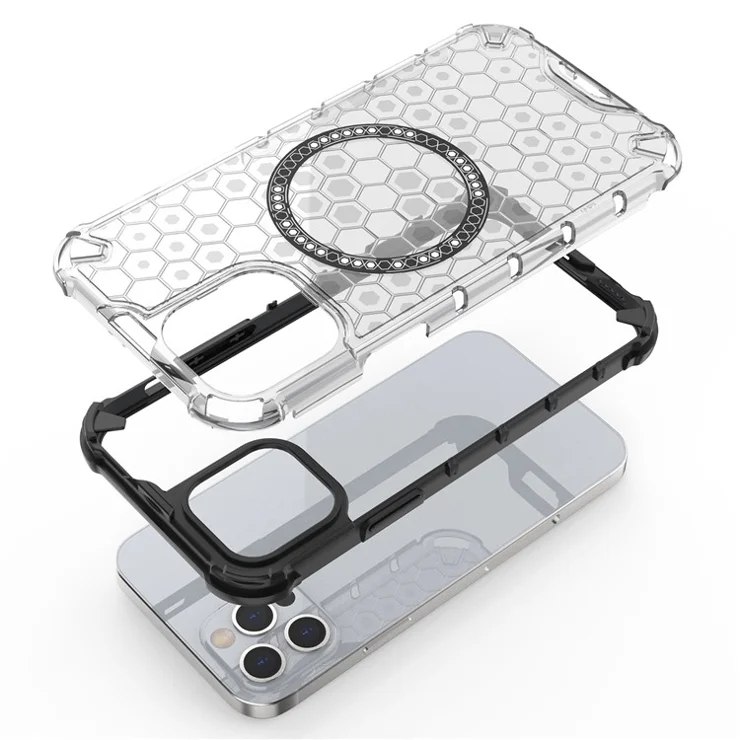 For iPhone 12 / 12 Pro Magnetic Case Honeycomb Anti-Drop TPU+PC Phone Cover - Transparent