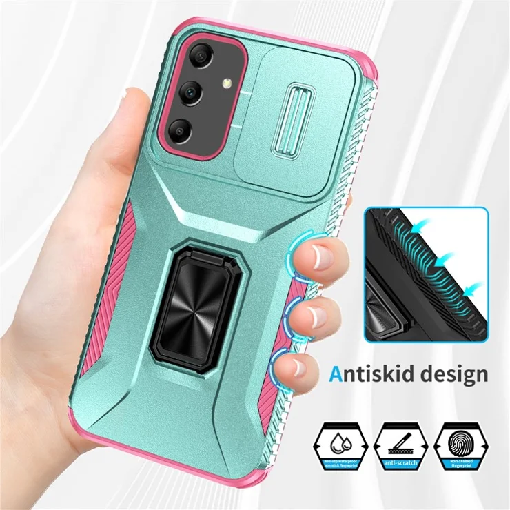 For Samsung Galaxy A25 5G (Global) (161.0 X 76.5 X 8.3mm) Case TPU+PC Ring Kickstand Phone Cover - Grey Green+Pink