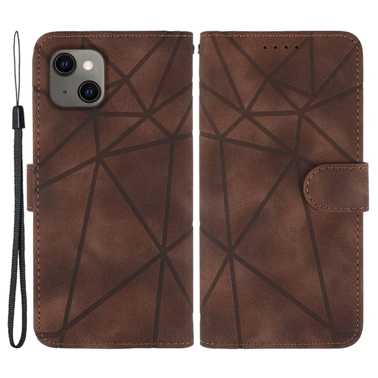 For iPhone 14 Plus Case Skin-touch Leather Line Pattern Card Slots Wallet Phone Cover - Brown