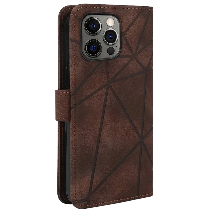 For iPhone 15 Pro Case Line Pattern Leather Full Protection Folio Phone Cover - Brown